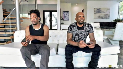Evie Christian's threesome tease with black men on sofa, pre-blowjob fun