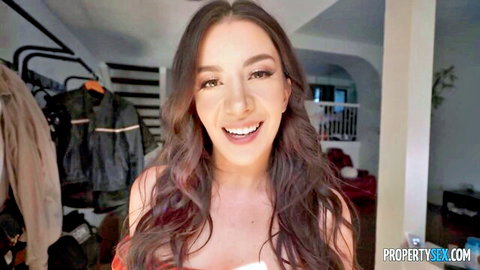 Natalie Brooks smiles seductively in red off-shoulder top for PropertySex realtor scene