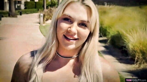 Smiling big-titted blonde babe outdoors, teasing first creampie