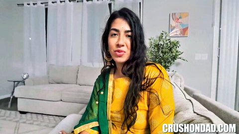 Petite Indian teen Jasmine Sherni in yellow saree, seductive smile POV tease