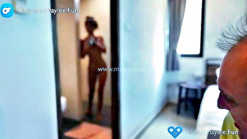 Thai teen Maylee Fun nude mirror selfie with older white man watching