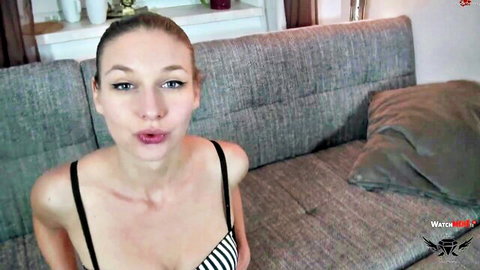 Lina Diamond blonde in low-cut striped top, POV cleavage tease