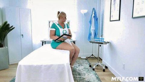Lila Lovely as curvy blonde nurse in fishnet stockings on exam bed