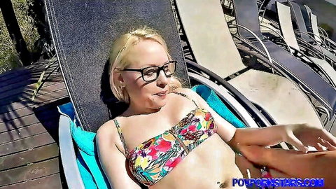 Lola Taylor in colorful bikini, lounging poolside teasing her big Russian booty