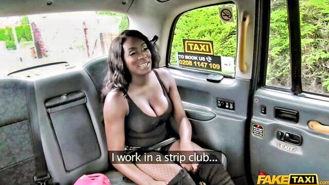 Ebony babe with massive cleavage smiling in Fake Taxi cab strip club tease