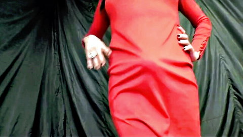 Latina in red dress dominates, teasing raw anal with huge cock and condom