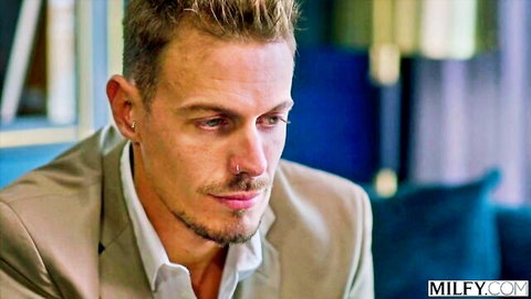 Handsome suited stud in intense gaze for Savannah's big boob anal pounding scene
