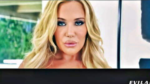 Seductive blonde MILF with plump cock-sucking lips and blue eyes teasing intensely