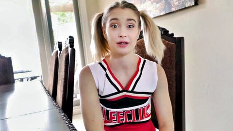 Blonde cheerleader with pigtails in tight uniform opens mouth wide for deepthroat blowjob tease