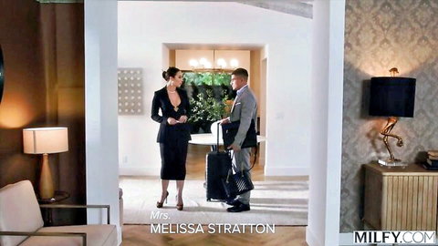 Melissa Stratton in tight black dress dominates suited assistant