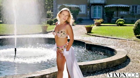 Blonde beauty Jayla De Angelis in floral bikini teasing outdoors