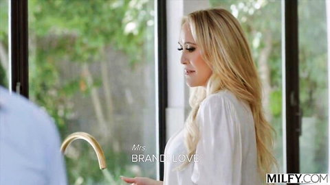 Brandi Love blonde MILF seduces in white blouse, kitchen tease