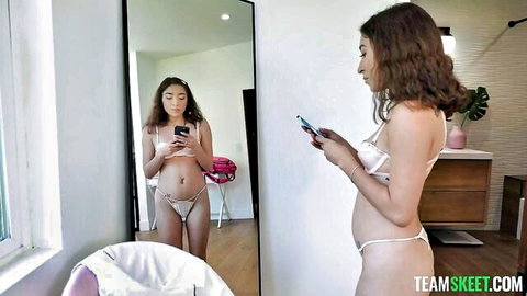 Amber Summer and Clara Trinity in white lingerie mirror selfies