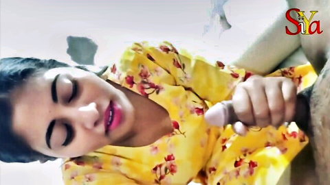 Indian brunette in yellow floral dress gives sloppy blowjob to boyfriend's thick cock
