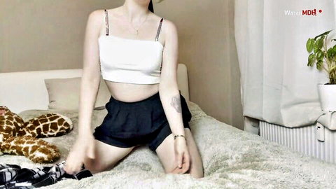 Bella-Cat in white crop top and shorts, solo bedroom tease with tattoos