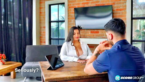 Nathalia Correa busty Latina in steamy office chat with lover, deep cleavage