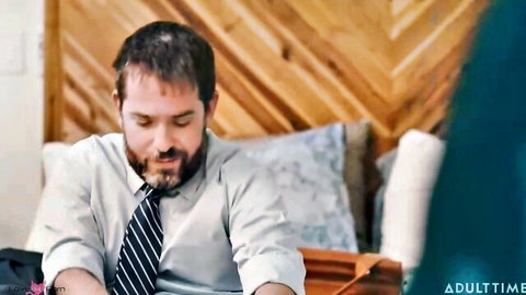 Handsome bearded man in shirt and tie during intense stepmom-stepson fuck scene