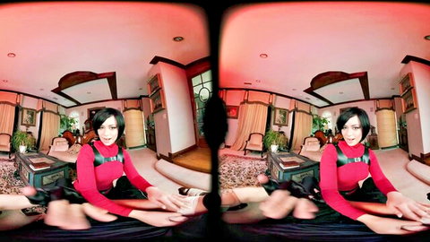 Brunette in red harness strokes erect cock while sitting on couch