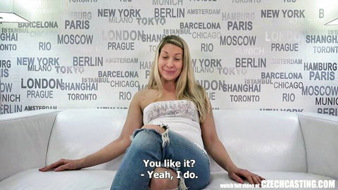 Blonde Czech casting amateur teases in tube top and jeans before doggy pounding