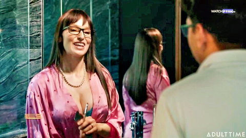Lexi Luna in sexy pink dress smiles with stepmom in steamy threesome tease
