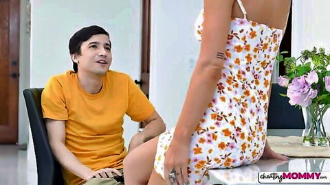 Busty MILF Venus Valencia teases stepson Ricky Spanish in short floral dress
