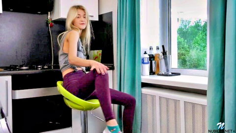 Erika Reed blonde with tiny tits in gray tank top and purple leggings solo tease