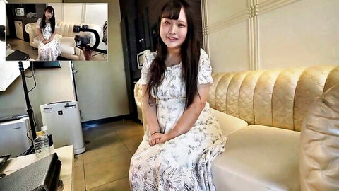 Pregnant 20yo Ema-chan in tight white dress on couch