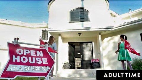 Sexy blonde realtor in red dress and curvy ebony babe in green flaunting at open house