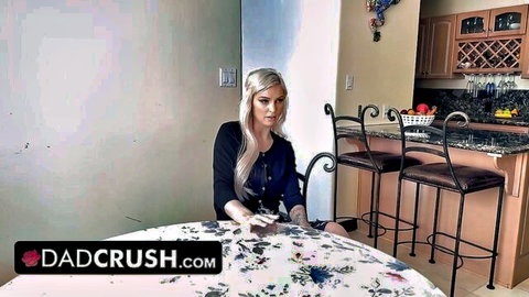 Blonde stepmom in blue top using stepdaughter's panties to jerk off stepdad's cock