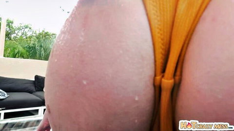 Sweaty small white ass cheeks in tiny yellow thong bikini poolside tease