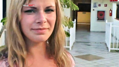Selina-666 blonde model smiling in steamy outdoor POV tease
