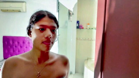 Topless Asian stepsister in steamy bathroom, teasing before anal surprise