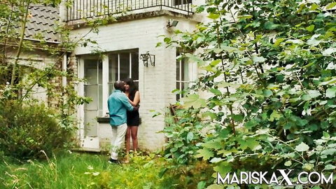 MariskaX outdoor embrace with BBC husband in black dress, teasing juicy pussy scene