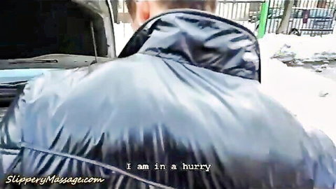 Sexy 18yo in blue jacket by snowy car, hurried tease for slippery nuru massage