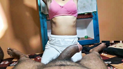 Indian woman in pink bra squats over thick black cock ready to fuck tight pussy in homemade POV