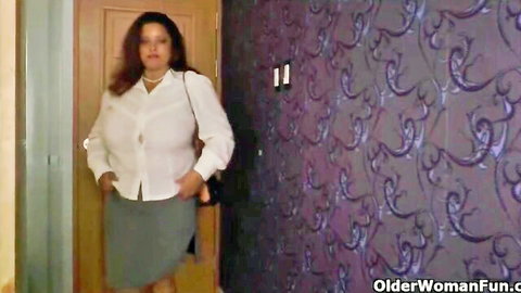 Sexy Latina MILF in white blouse and gray skirt after work