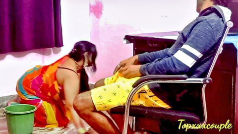 Indian MILF maid in saree gives foot massage to man in homemade video