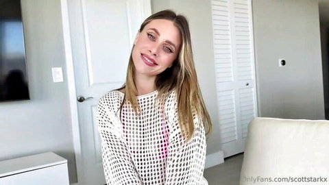 Naughty blonde babe in see-through white mesh top teasing small tits POV