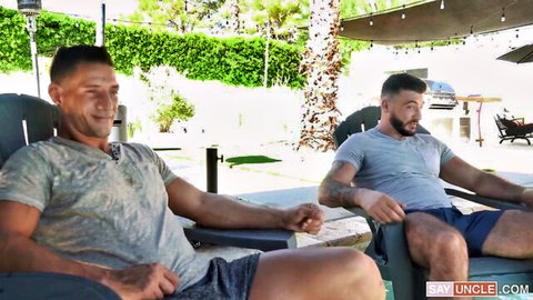 Jax Thirio and Ian Holms relax poolside in casual shirts and shorts