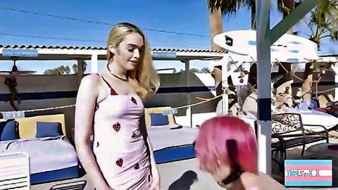 Blonde in pink heart dress dominates collared pink-haired sub outdoors
