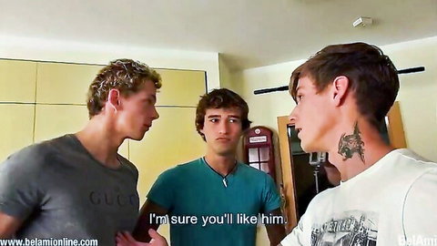 Robin Rief and Jerome Exupery chatting with friend in gay threesome setup