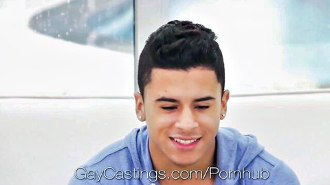 Handsome Latino twink smiling in hoodie, GayCastings POV gay compilation