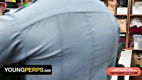 Young guy in police uniform bends over exposing bare ass cheeks in storage room