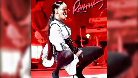 Rihanna squatting wide on stage in white lingerie-like outfit with long ponytail and stockings