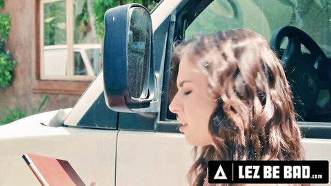 Petite Asian Summer Col in car, teasing look from lesbian strap-on scene with Chanel Camryn