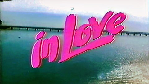 Vintage 'In Love' pink title screen over ocean pier and water background
