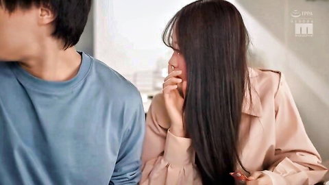 Asian woman in beige coat whispers to stranger man, naughty cheating vibe