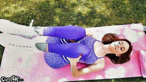 Sexy redhead babe in tight purple leopard print bodysuit does yoga pose with legs up outdoors