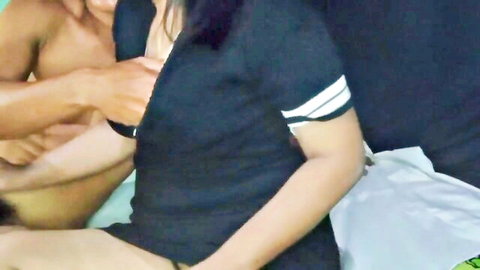Boyfriend gropes natural tits of Indian teen girlfriend through black striped shirt on bed