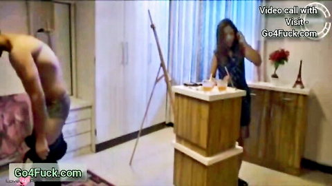 Indian girlfriend on video call showing boyfriend's naked ass and cock bent over